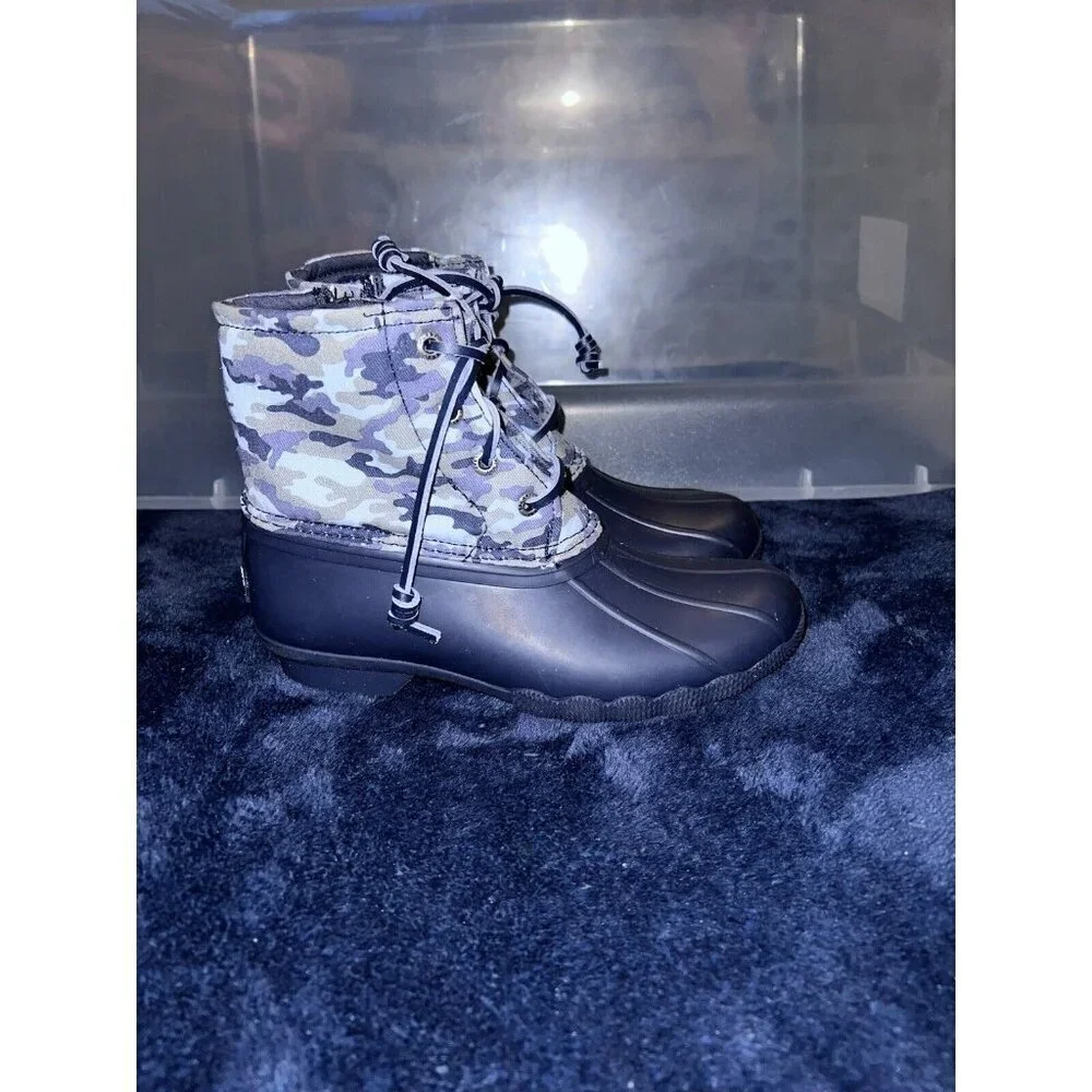 SPERRY Saltwater Camo Navy Blue Water Resistant Boots Youth Sz 1